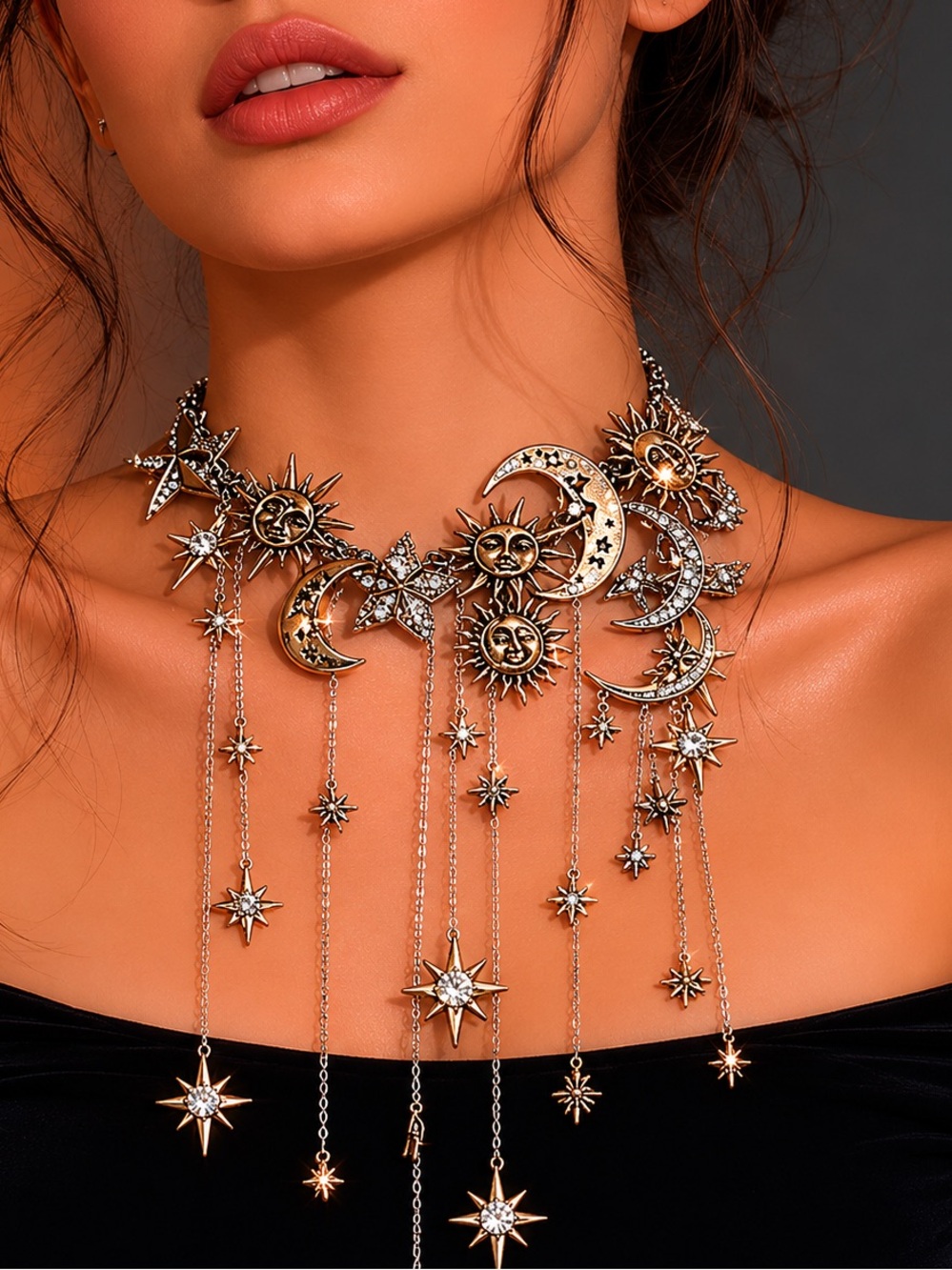 Retro Sun & Moon Statement Necklace - Silver & Gold - Picture 2 of 6